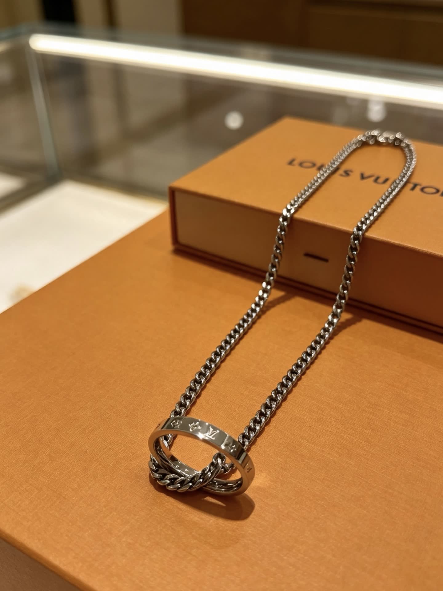 Louis Vuitton Silver Chain Necklace with Ring and Logo Charm
